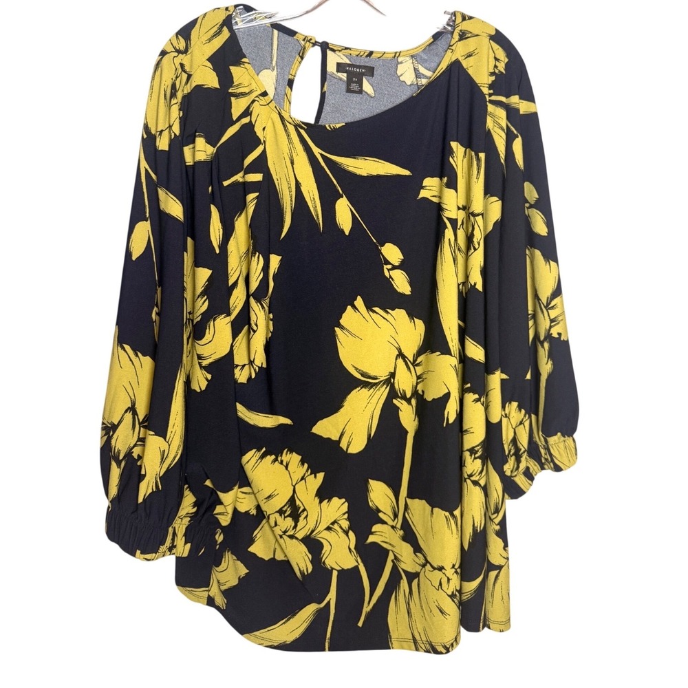 Halogen Floral Blouseβ Women 3X Navy Yellow Polyester Spandex Keyhole Back